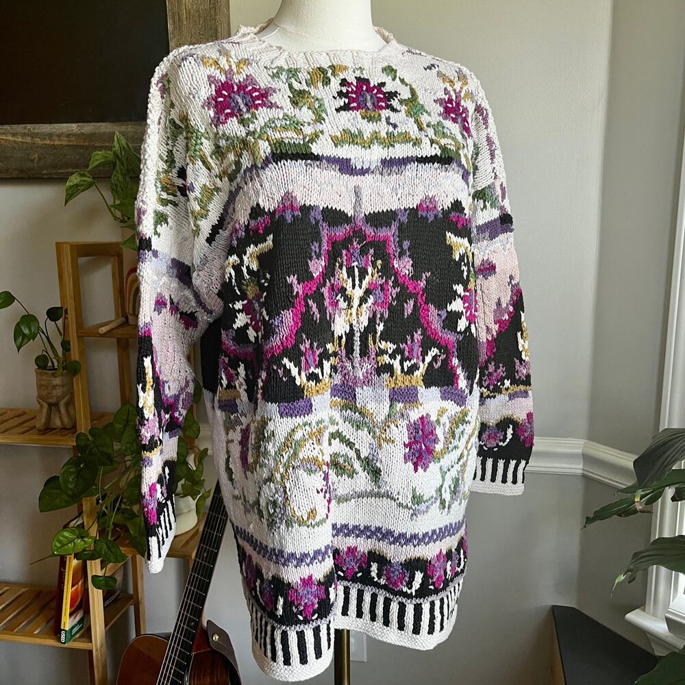 Vintage 90s Floral Sweater Wearable Art Color Block Chunky Knit Size Medium